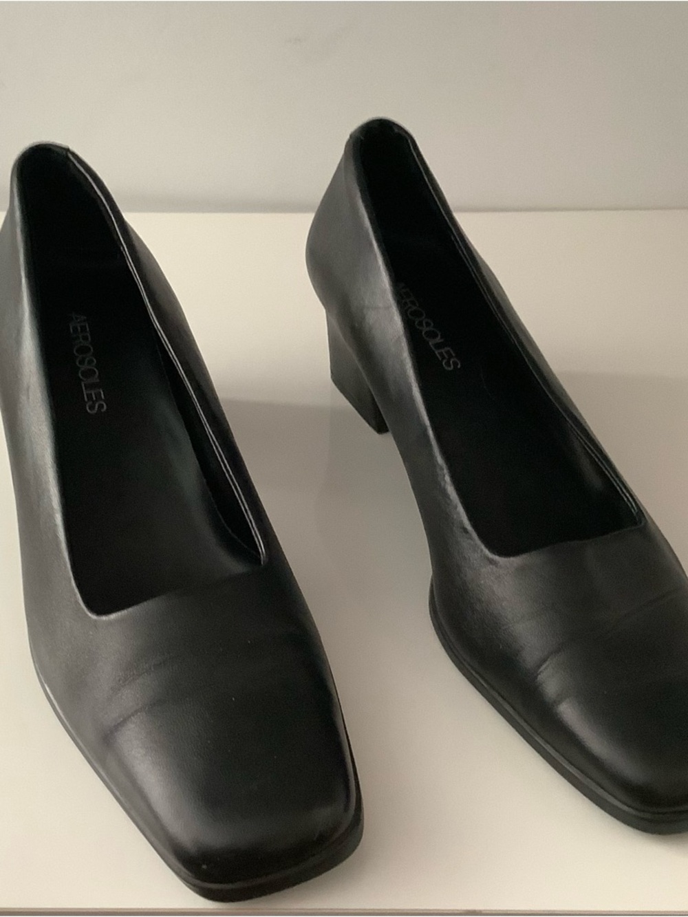 AEROSOLES Black Square Toe Low Block Heel Pumps